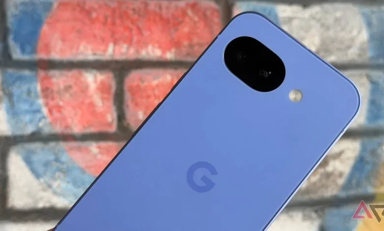 Close-up of a blue Google Pixel phone back with camera.
