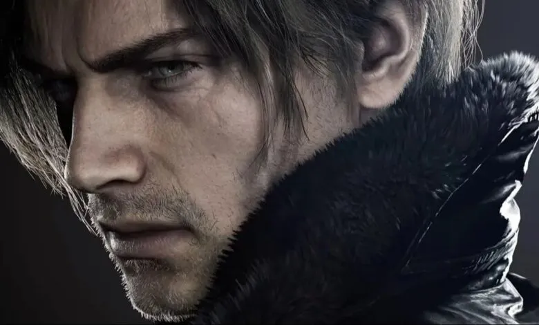Close-up of Leon Kennedy with furrowed brow and fur collar.