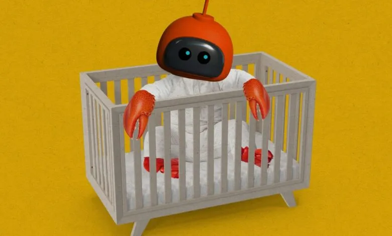 Robot baby with lobster claws sits in a crib against a yellow background.