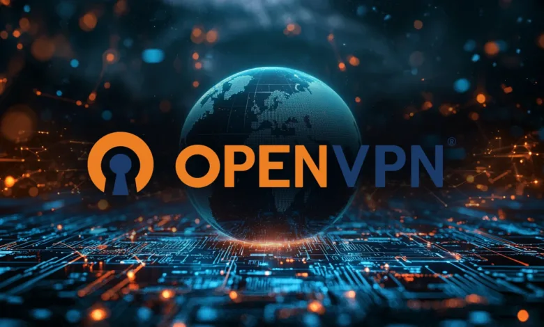 OpenVPN logo with globe and circuit board background.