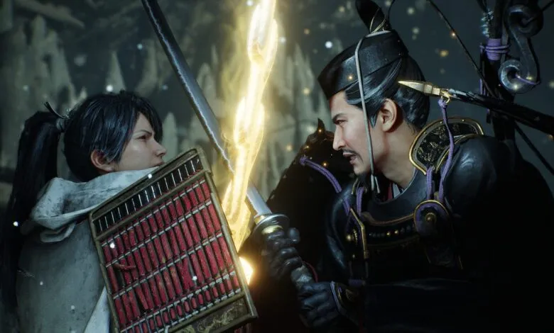 Two warriors face off with swords and shields in a dramatic battle scene.