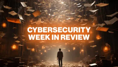 Cybersecurity Week in Review with a person standing in a library.