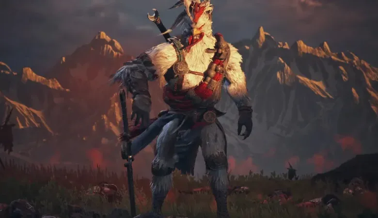 Anthropomorphic rooster warrior stands ready in a mountainous landscape.