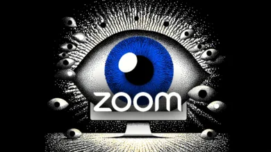 Stylized eye with Zoom logo on a computer screen, surrounded by smaller eyes.