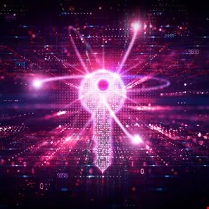 Abstract digital art featuring a key shape with atomic orbital design in pink and purple hues.