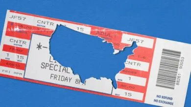 Ticket stub with USA map cutout on blue background.