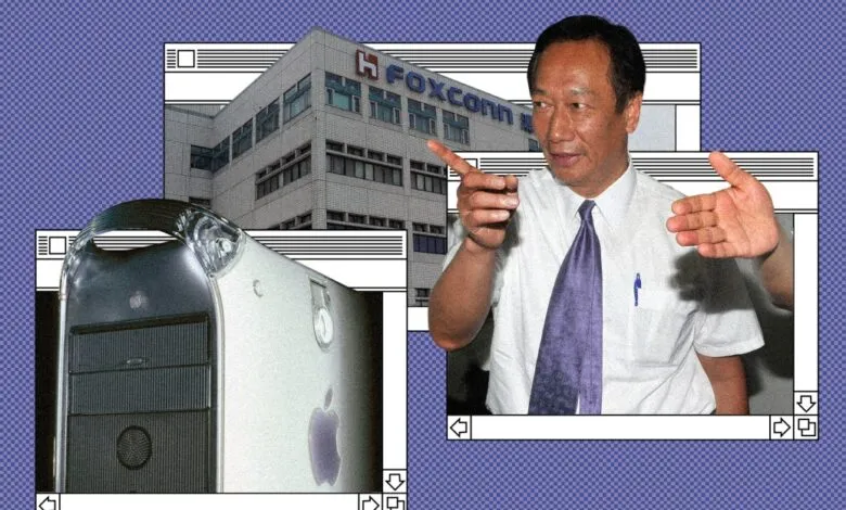 Composite image of Foxconn building, Apple computer, and Terry Gou.