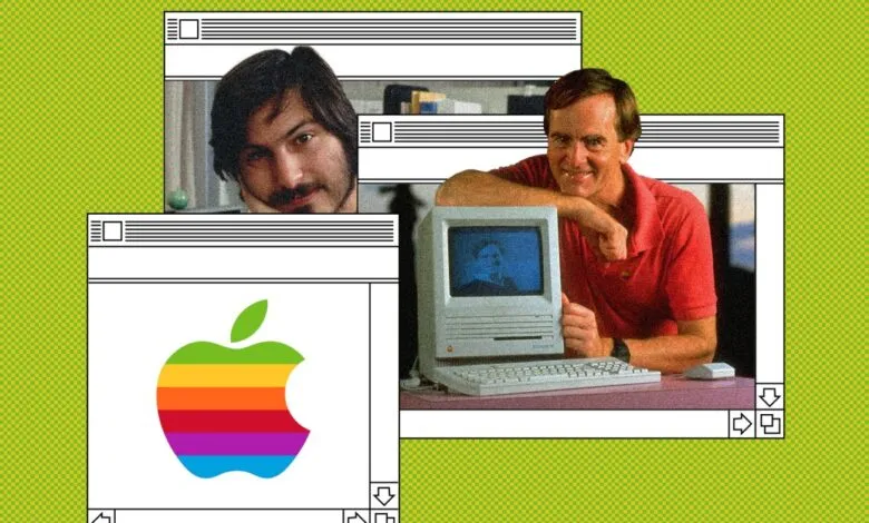 Vintage Apple computer with rainbow logo and two men in retro windows.