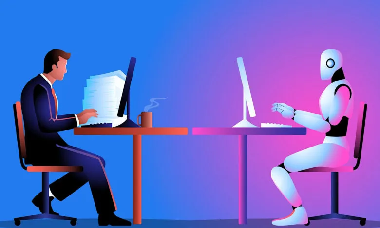 Human and robot working side-by-side at desks, symbolizing AI integration.