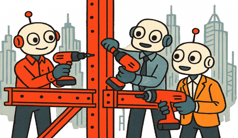 Three robot construction workers building a structure with power drills.