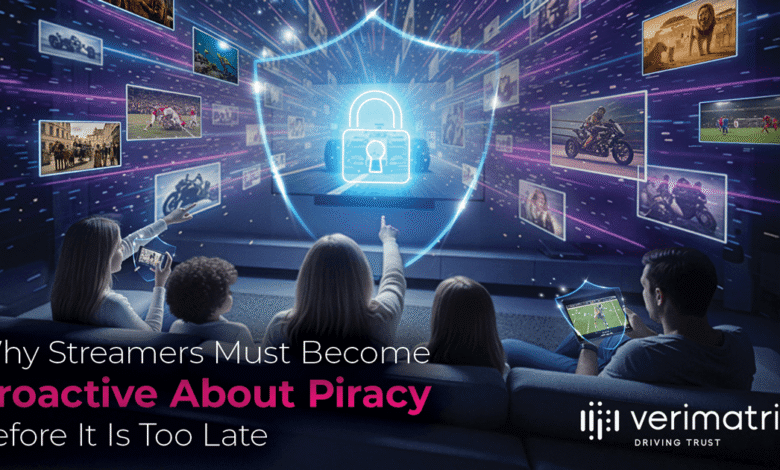 Family watching streaming content with piracy protection, Verimatrix logo.