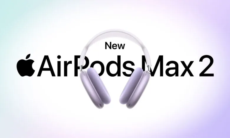 AirPods Max 2 in lavender color, floating above the text logo.
