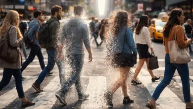 People crossing street with a dissolving effect, blending into the urban environment.