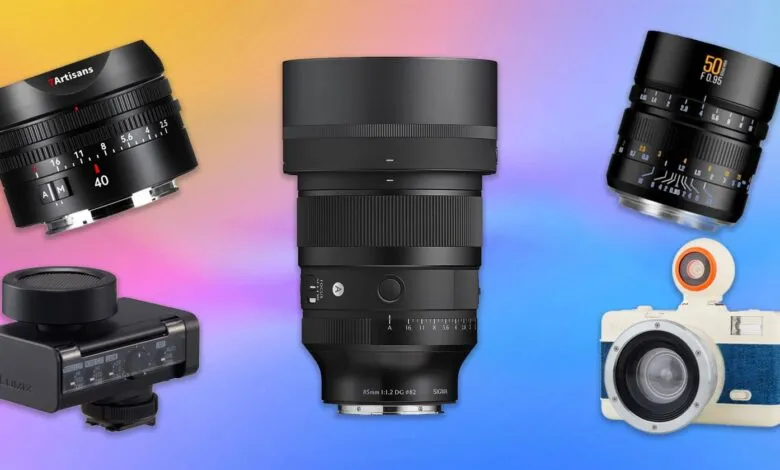 Collection of camera lenses and accessories on a colorful background.