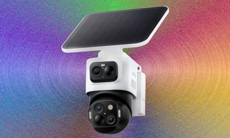 Eufy security camera with solar panel against a colorful background.
