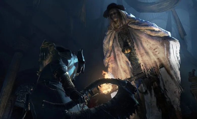 A hunter stands before a towering, draped figure in a dark, gothic setting.