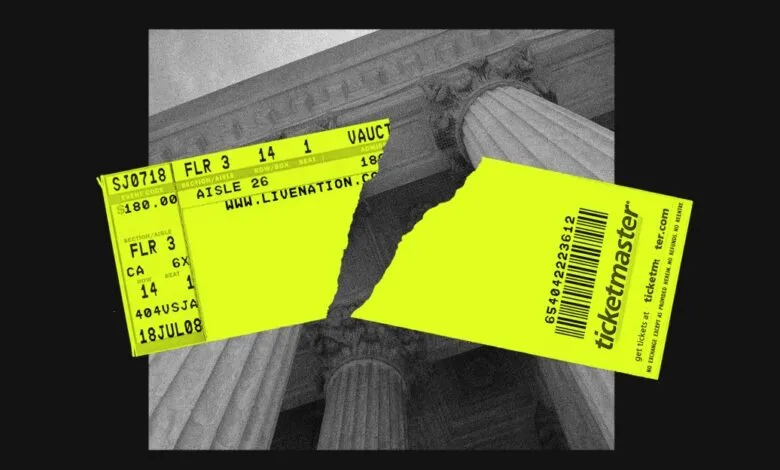 Torn Ticketmaster ticket over grayscale classical building, symbolizing frustration.