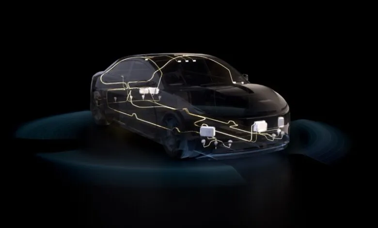 Transparent car showing sensor and wiring layout for autonomous driving.