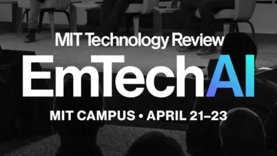 EmTech AI conference banner with audience silhouettes and event details.