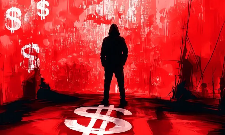 Silhouette of hooded figure stands amidst dollar signs in a red, ominous setting.