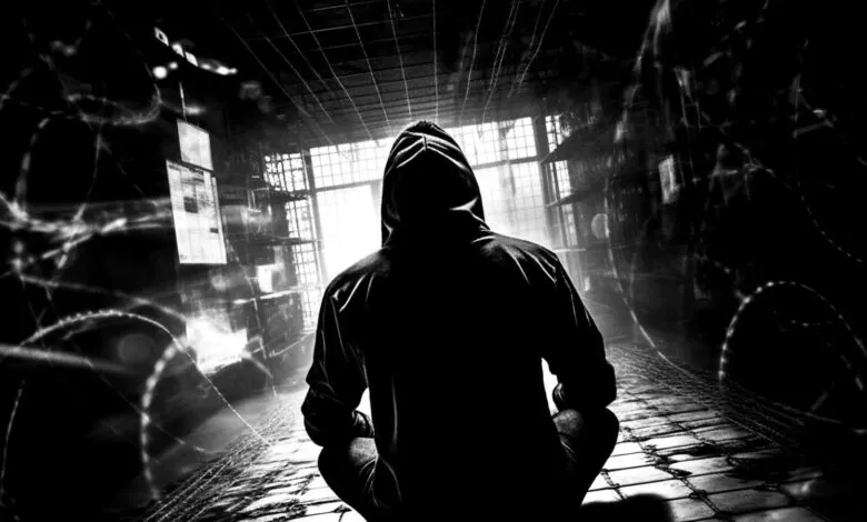 Person in hoodie sits in dark, industrial-looking room.