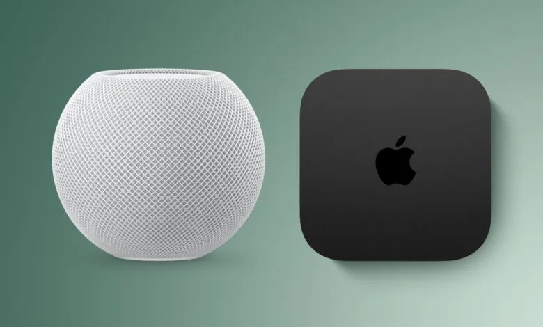 HomePod Mini and Apple TV 4K on a green gradient background.
