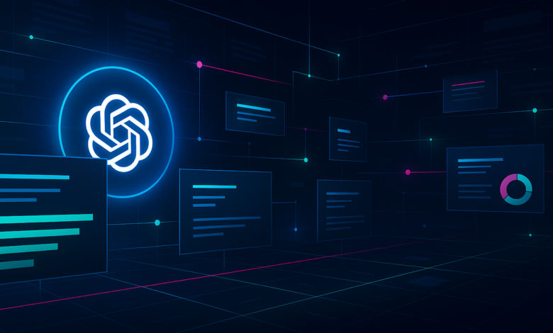 ChatGPT logo with data visualizations on a dark blue grid background.