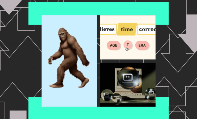 Collage with Bigfoot, word association game, and vintage computer setup.