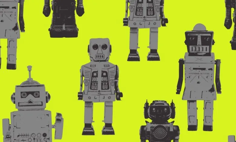 Pattern of vintage toy robots in gray tones on a bright yellow background.