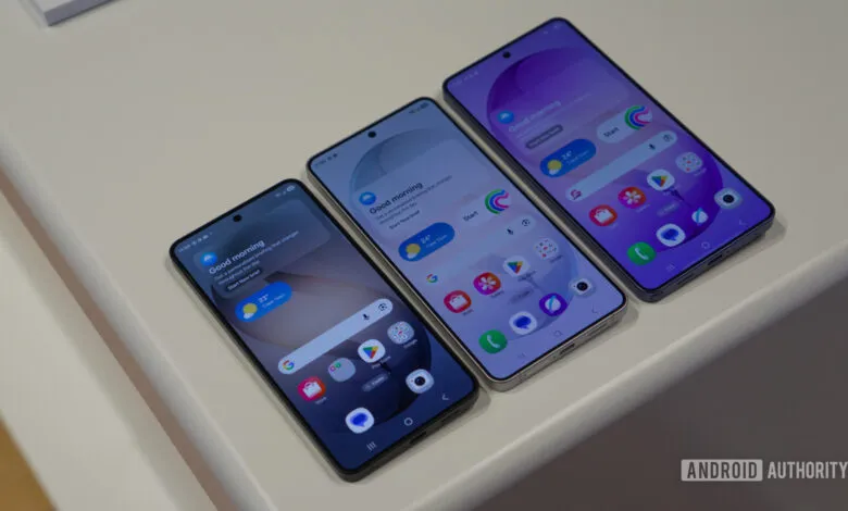 Three smartphones display 'Good morning' screens with app icons on a white surface.