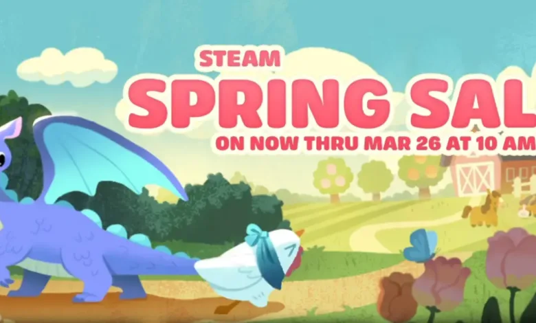 Steam Spring Sale banner with cartoon dragon, chicken, and farm background.