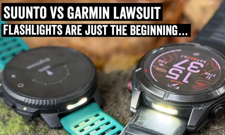 Two smartwatches, Suunto and Garmin, with flashlights on, suggesting a lawsuit.