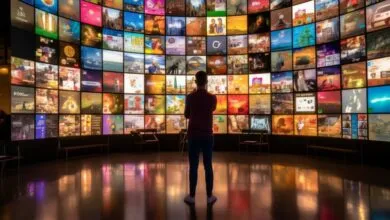 Person stands before a curved wall of screens displaying various images.