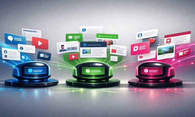 Three futuristic platforms with social media icons floating above them.