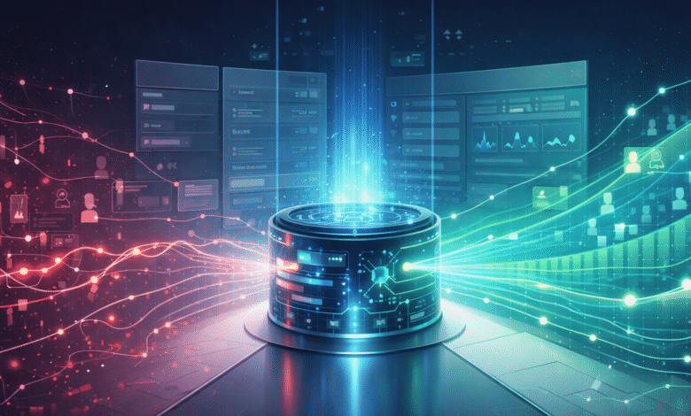 Abstract data hub with glowing connections and user interface elements.