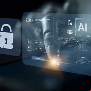 Robot hand interacting with a cyber security interface on a transparent screen.