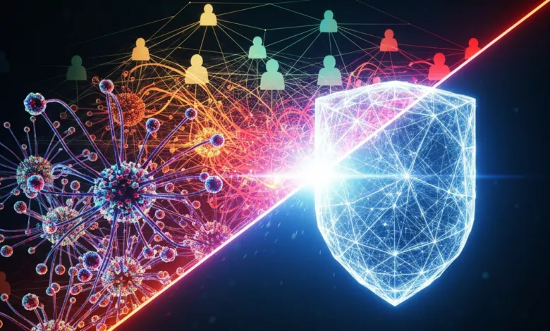 Abstract digital shield protecting network from virus, cybersecurity concept.