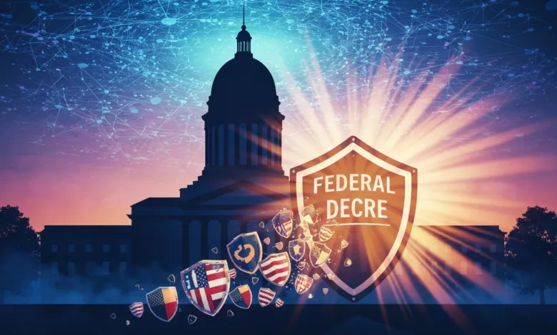 Capitol building with 'Federal Decree' shield and broken state shields.