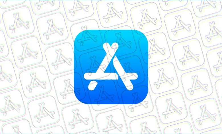 Apple App Store logo on a patterned background.