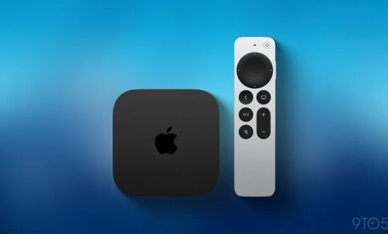 Apple TV 4K box and remote on a blue gradient background.