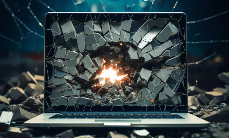 Laptop screen shattered with bright light shining through the cracks.