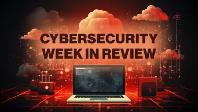 Cybersecurity Week in Review graphic with laptop and digital network.