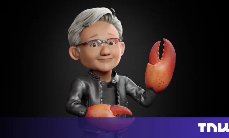 Cartoon Jensen Huang with lobster claws, wearing his signature leather jacket.