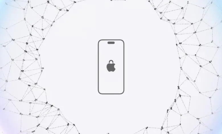Stylized iPhone with Apple logo lock screen, surrounded by network graphic.