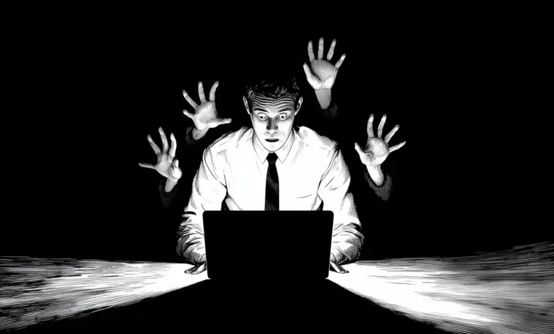 Man stares at laptop, surrounded by shadowy hands in black and white.