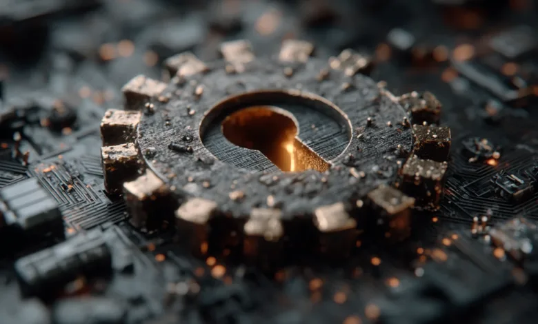 Gear with keyhole on circuit board, glowing light inside.