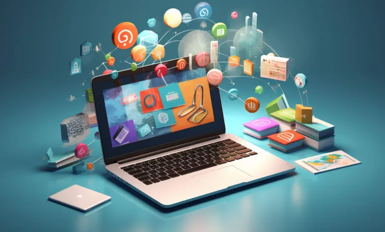 Laptop with floating icons representing online business and digital marketing.