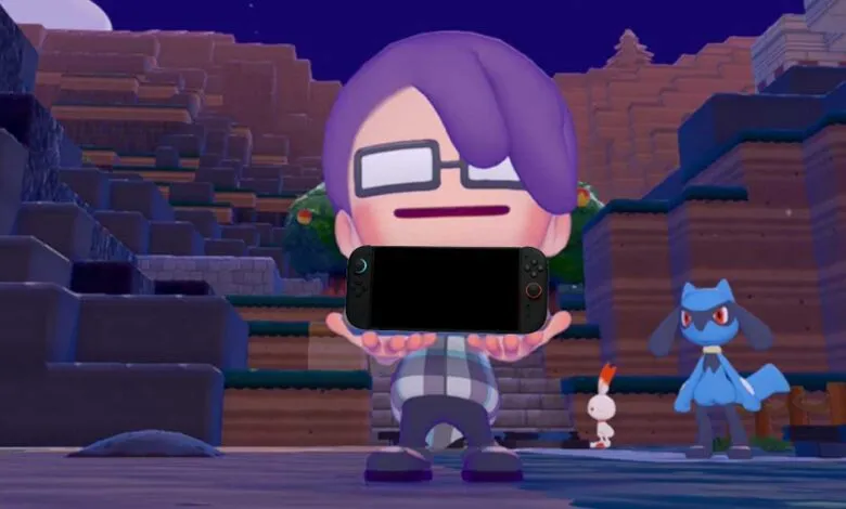 Avatar holding a Nintendo Switch with Pokémon characters in the background.