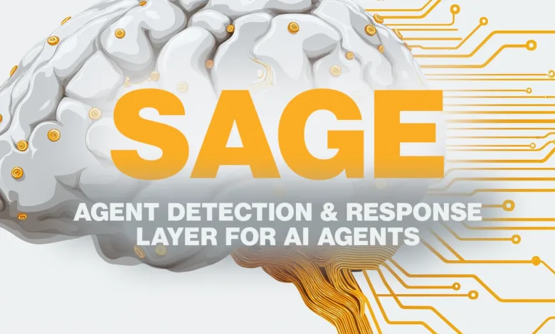 SAGE: Agent Detection & Response Layer for AI Agents graphic with brain and circuit design.