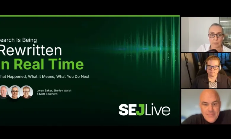 SEJ Live event featuring Loren Baker, Shelley Walsh, and Matt Southern discussing search updates.